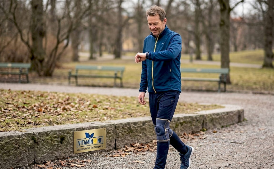 En man promenerar i parken med ett knästöd.