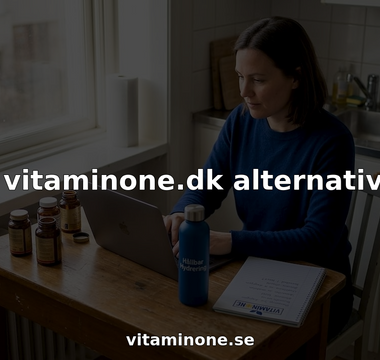 En kvinna sitter vid köksbordet och söker information om vitaminer på sin laptop.