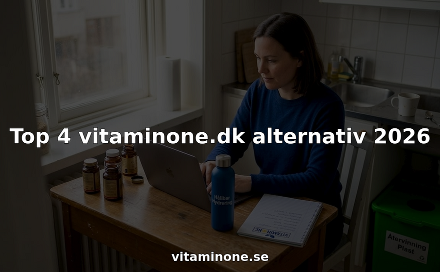 En kvinna sitter vid köksbordet och söker information om vitaminer på sin laptop.