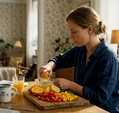 En kvinna sitter vid frukostbordet och pressar färsk apelsinjuice.