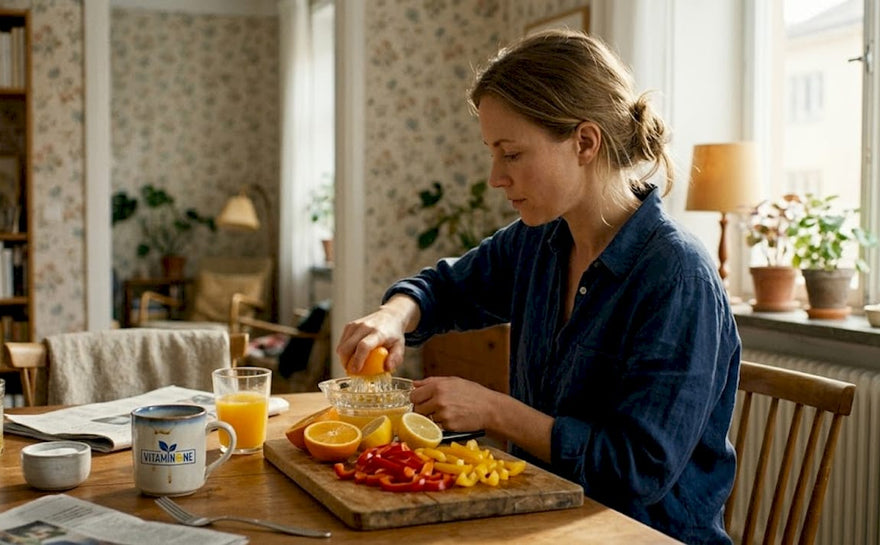 En kvinna sitter vid frukostbordet och pressar färsk apelsinjuice.