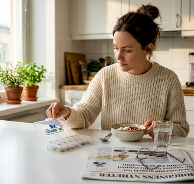 En kvinna sitter vid köksbordet och tar sina vitaminer tillsammans med frukosten.