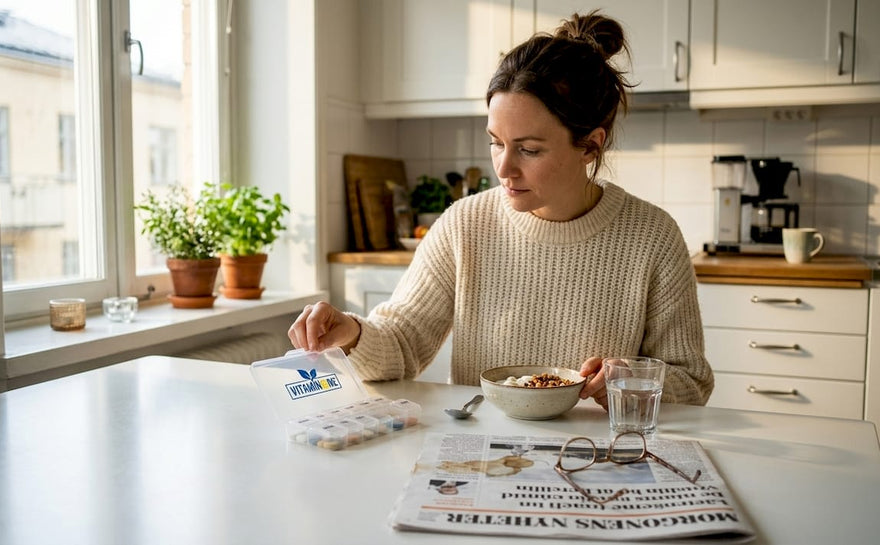 En kvinna sitter vid köksbordet och tar sina vitaminer tillsammans med frukosten.