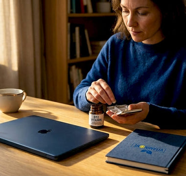 En kvinna sitter vid köksbordet och tar sin B12-vitamin.