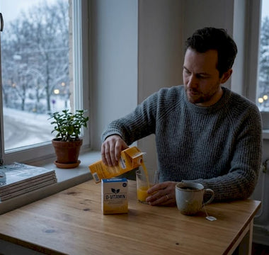 En man sitter vid köksfönstret och njuter av det bleka vinterljuset.