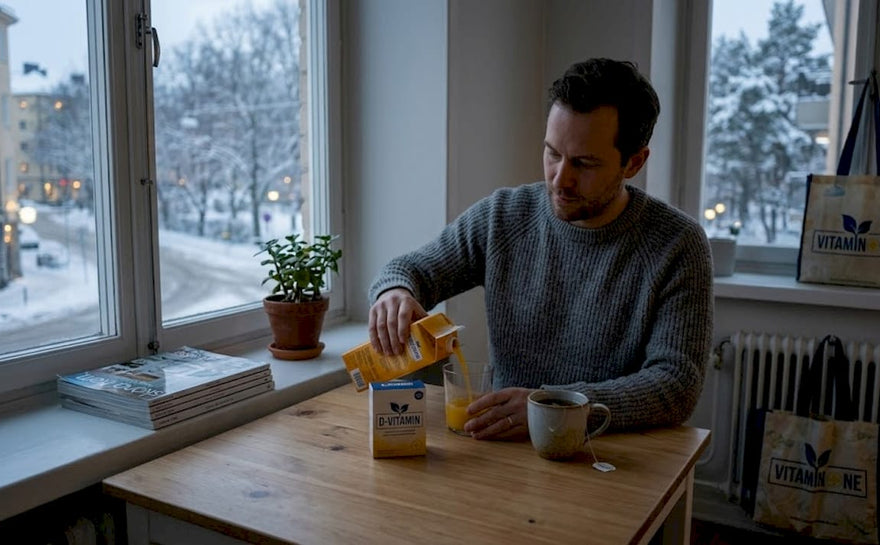 En man sitter vid köksfönstret och njuter av det bleka vinterljuset.