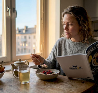 Kvinna njuter av en hälsosam frukost i morgonsolen