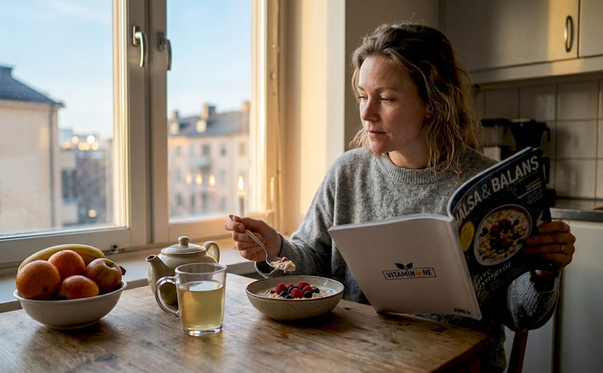 Kvinna njuter av en hälsosam frukost i morgonsolen