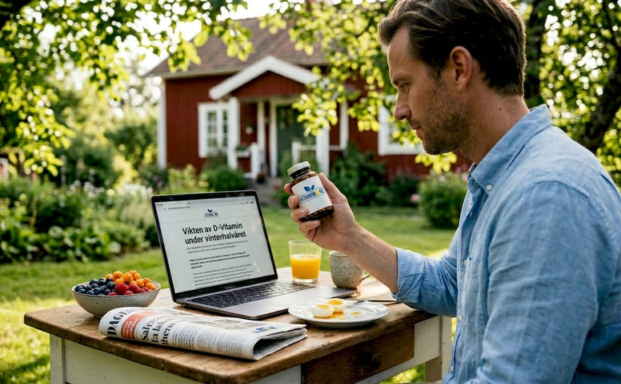 En man sitter vid köksbordet och läser på burken med D-vitamin.