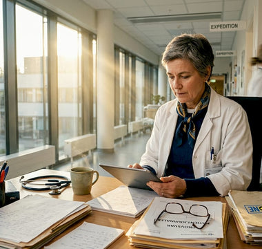 På sitt kontor går läkaren noggrant igenom patienternas journaler.