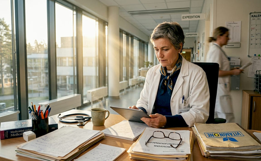 På sitt kontor går läkaren noggrant igenom patienternas journaler.