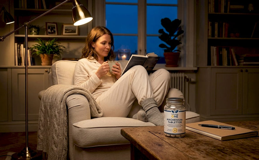 En kvinna sitter i soffan med pyjamas på och njuter av en kopp te en lugn kväll hemma.