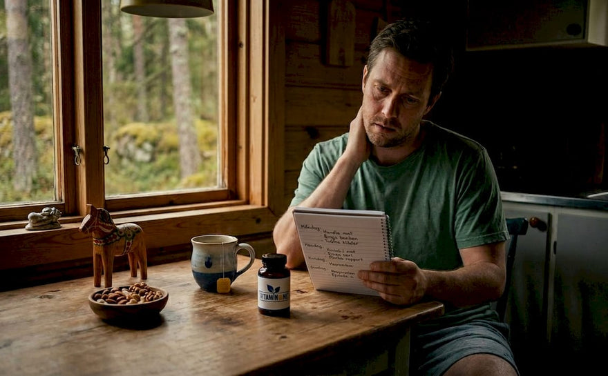 En man sitter vid köksbordet och försöker hantera sin stress.