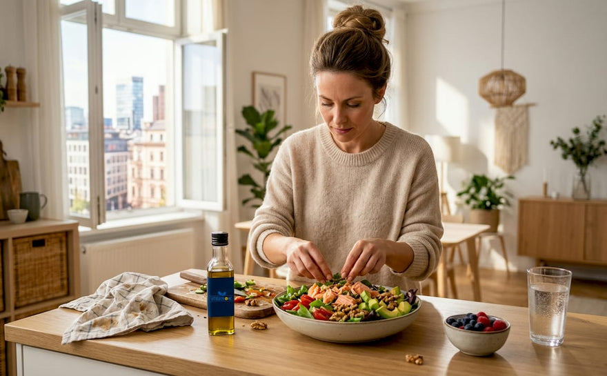 Att fixa en fräsch sallad i ett soligt kök