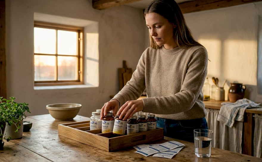 Kvinna som sorterar sina vitamintillskott i köket