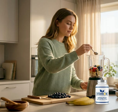 Kvinna som gör en smoothie och tillsätter biotintillskott