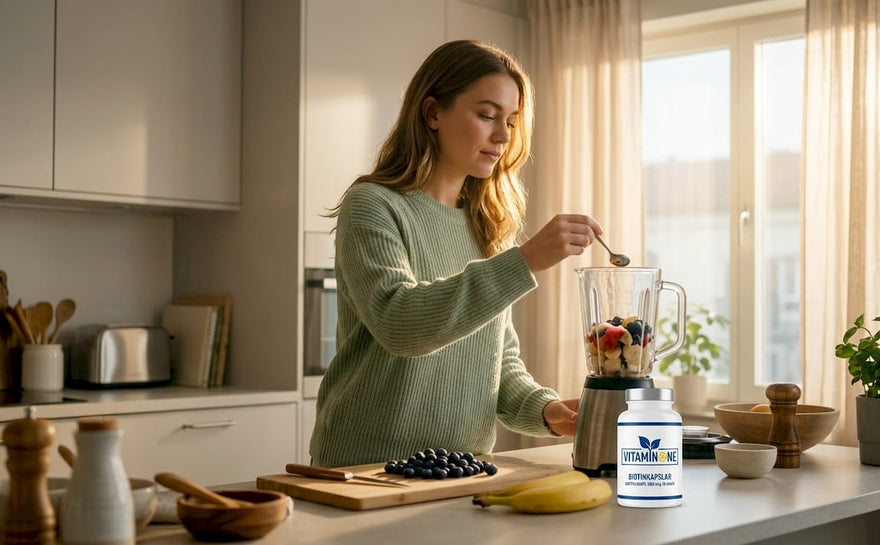 Kvinna som gör en smoothie och tillsätter biotintillskott