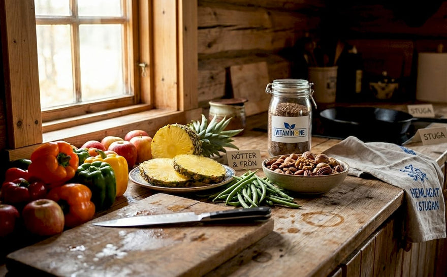 Färska frukter och grönsaker som är fulla av vitaminer som stärker immunförsvaret