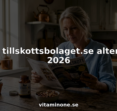 Kvinna sitter vid köksbordet och bläddrar bland vitamintillskott på sin surfplatta.