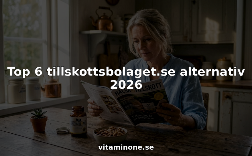 Kvinna sitter vid köksbordet och bläddrar bland vitamintillskott på sin surfplatta.
