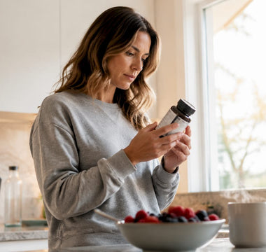 En kvinna står i sitt kök och läser på förpackningen med B-vitaminer.
