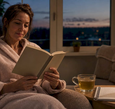 Kvinna sitter i sitt sovrum med en bok och sina sömntabletter på nattduksbordet.