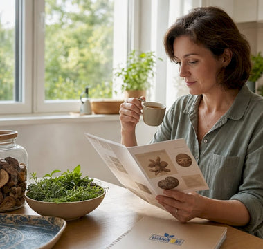 En kvinna sitter vid bordet och njuter av en kopp reishi-te.