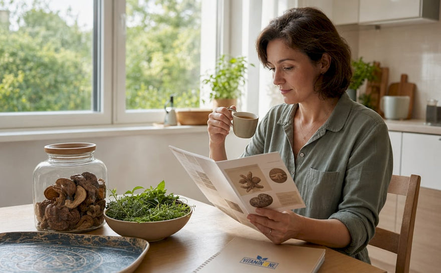 En kvinna sitter vid bordet och njuter av en kopp reishi-te.