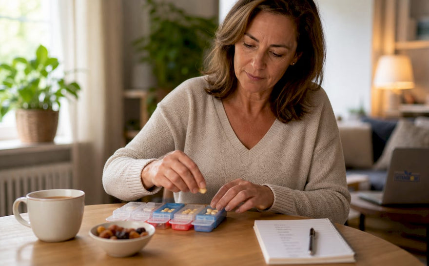 Kvinna som varje dag sorterar sina vitaminer för att ta hand om knähälsan.