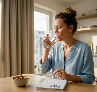Kvinna som tar ett magnesiumtillskott hemma