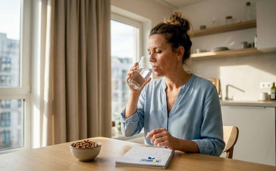 Kvinna som tar ett magnesiumtillskott hemma
