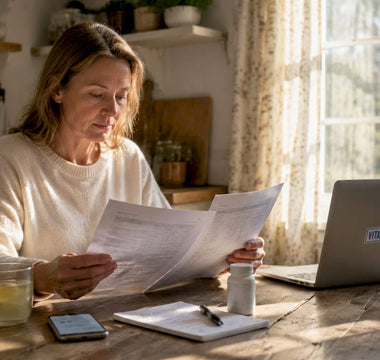 En person som går igenom sina blodprov och kosttillskott hemma i lugn och ro.