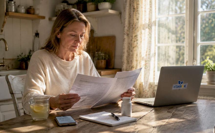 En person som går igenom sina blodprov och kosttillskott hemma i lugn och ro.