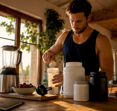 En man står i köket och fixar en näringsrik smoothie med kosttillskott.
