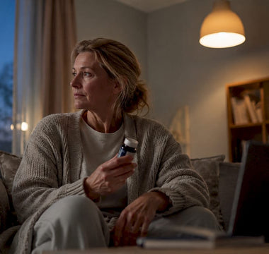 En kvinna gör sig redo för natten och tar ett tillskott med melatonin för att underlätta insomnandet.