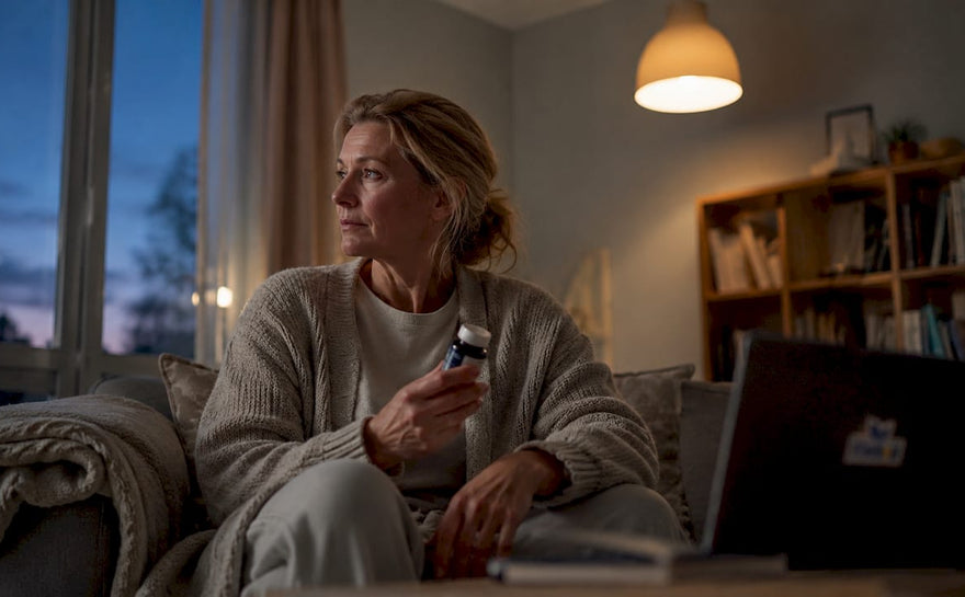 En kvinna gör sig redo för natten och tar ett tillskott med melatonin för att underlätta insomnandet.