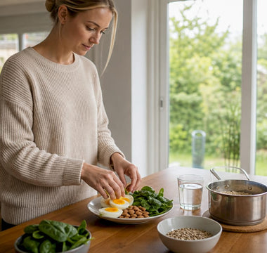 Kvinna fixar en biotinrik frukost i köket.