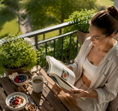 Kvinna som sitter vid frukostbordet och läser om hur kosten kan påverka sömnproblem