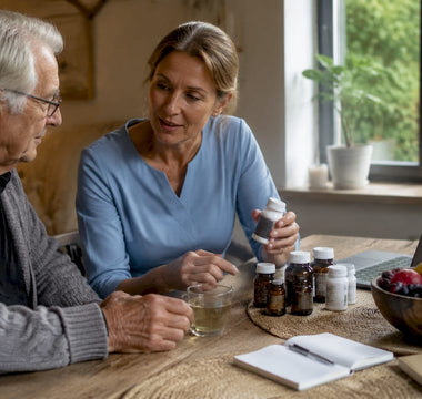 Elderly man consulting nutritionist about vitamins