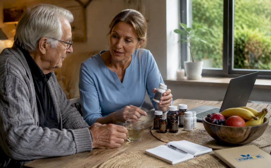 Elderly man consulting nutritionist about vitamins