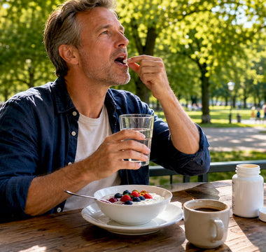 En man tar sina vitaminer efter frukosten i köket.