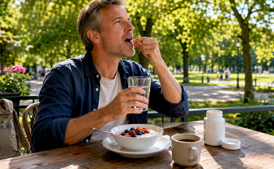 En man tar sina vitaminer efter frukosten i köket.