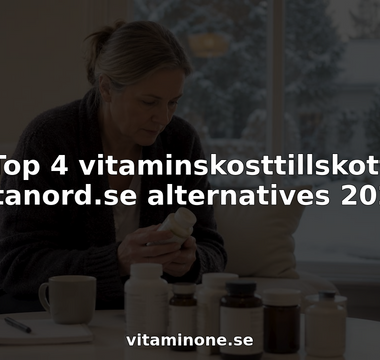 En person sitter hemma vid köksbordet och går igenom sina vitaminer och kosttillskott, funderar på vilka som passar bäst och om något behöver köpas nytt.
