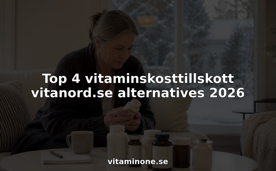En person sitter hemma vid köksbordet och går igenom sina vitaminer och kosttillskott, funderar på vilka som passar bäst och om något behöver köpas nytt.