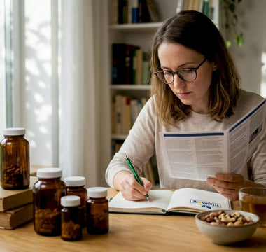 En person sitter vid sitt skrivbord hemma och läser på om olika kosttillskott som kan förbättra sömnen.