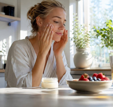 Kvinna som smörjer in ansiktet med en naturlig hudkräm hemma