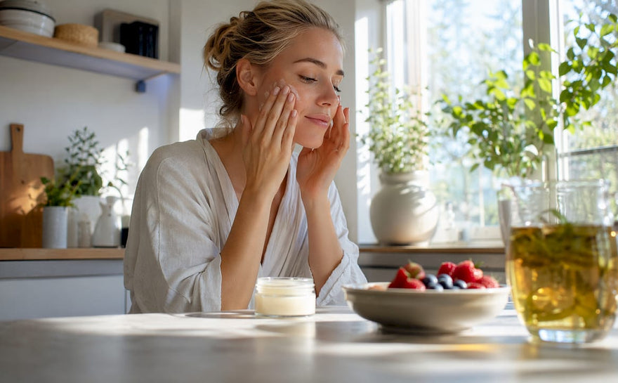 Kvinna som smörjer in ansiktet med en naturlig hudkräm hemma