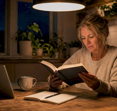 En kvinna sitter i sovrummet och läser på om hur serotonin påverkar sömnen.