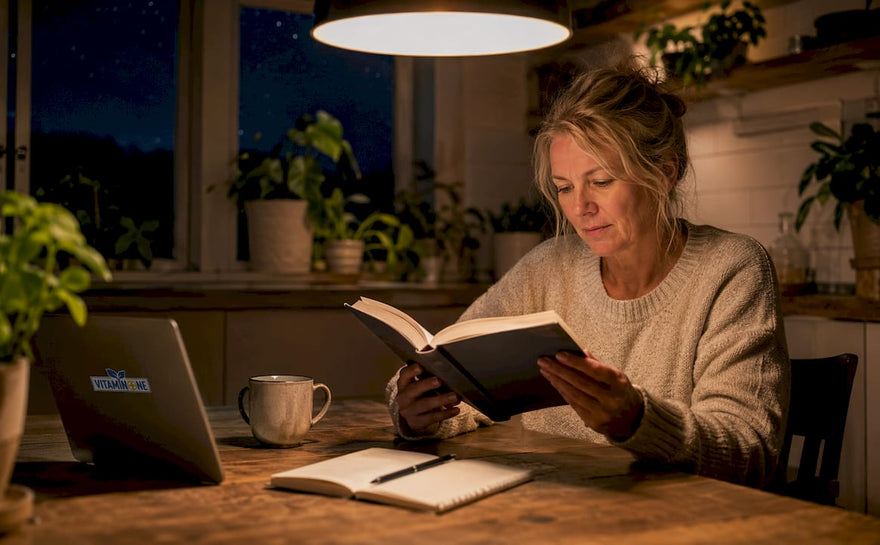 En kvinna sitter i sovrummet och läser på om hur serotonin påverkar sömnen.