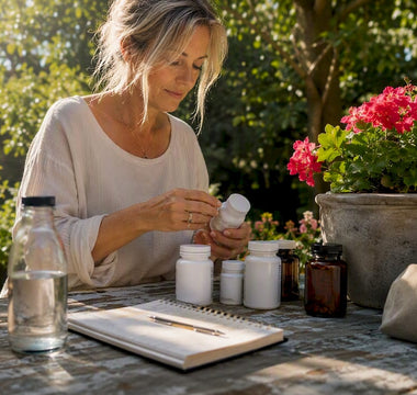 En kvinna sitter vid köksbordet och sorterar sina vitamintabletter.